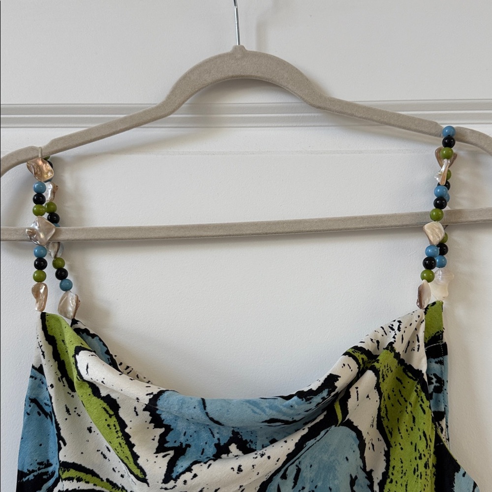 Topshop cowl neck midi slip dress with beaded straps in green blue floral - Picture 4 of 7